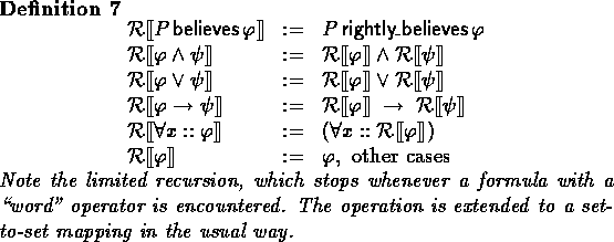 \begin{definition}
\begin{displaymath}
\begin{array}
{lll}
\rectify{P \believes ...
 ... operation is extended to a set-to-set mapping in the
usual way.\end{definition}