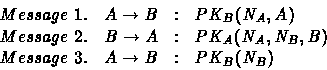 \begin{displaymath}
\begin{array}
{llll}
Message\ 1. & A \rightarrow B & : & PK_...
 ...B,B)\\ Message\ 3. & A \rightarrow B & : & PK_B(N_B)\end{array}\end{displaymath}