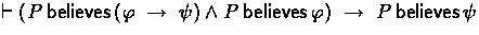 $\derives (P \believes (\varphi \implies \psi) 
 \land P \believes \varphi) \implies P \believes \psi$