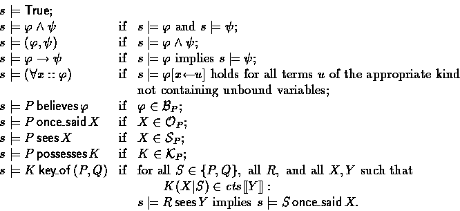 \begin{displaymath}
\begin{array}
{lll}
s\models \true;\\ s\models \phi \land \p...
 ...\models R \sees Y ~$implies$~s\models S \oncesaid X.\end{array}\end{displaymath}