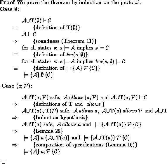 \begin{proof}
% latex2html id marker 1245
We prove the theorem by induction on t...
 ...xpr{\models \spec{{\cal A}}{\mbox{$a$};{\cal P}}{{\cal C}}}\end{calc}\end{proof}