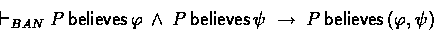 \begin{displaymath}
\banderives P \believes \phi \:\land\: P \believes \psi 
 \implies P \believes (\phi,\psi) \end{displaymath}