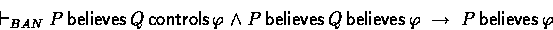 \begin{displaymath}
\banderives P \believes Q \controls \phi 
 \:\land\: P \believes Q \believes \phi
 \implies P \believes \phi \end{displaymath}