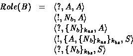 \begin{displaymath}
\begin{array}
{lcl}
 Role(B) & = & \mbox{$\langle {?, A, A} ...
 ...ox{$\langle {?, \{ N_b \}_{k_{bs}} , S} \rangle$}
 \end{array} \end{displaymath}