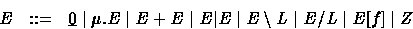 \begin{eqnarray*}
E & ::= & \underline{0}\mid \mu . E \mid E+E \mid E\vert E \mid E \setminus L 
 \mid E / L \mid E[f] \mid Z\end{eqnarray*}