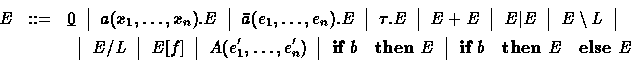 \begin{eqnarray*}
E & ::= & \underline{0}\ \ \rule[-1ex]{0.25mm}{3ex}\ \ a(x_1, ...
 ...
\mbox{\bf if } b\quad \mbox{\bf then } E\quad \mbox{\bf else } E\end{eqnarray*}
