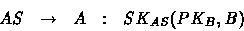 \begin{displaymath}
\begin{array}
{llllll}
& AS & \rightarrow & A &: & SK_{AS}(PK_B,B)\end{array}\end{displaymath}