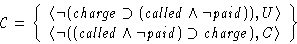 \begin{displaymath}
{\cal C} = \left\{\begin{array}
{l}
\langle \neg({\mathit {c...
 ...paid}})
\supset{\mathit {charge}}), C\rangle\end{array}\right\}\end{displaymath}