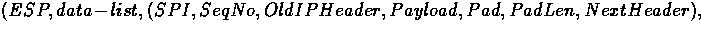 \( (ESP, data\!-\!list, (SPI, Seq No, Old IP Header, Payload, Pad, Pad Len, 
 Next Header),\)