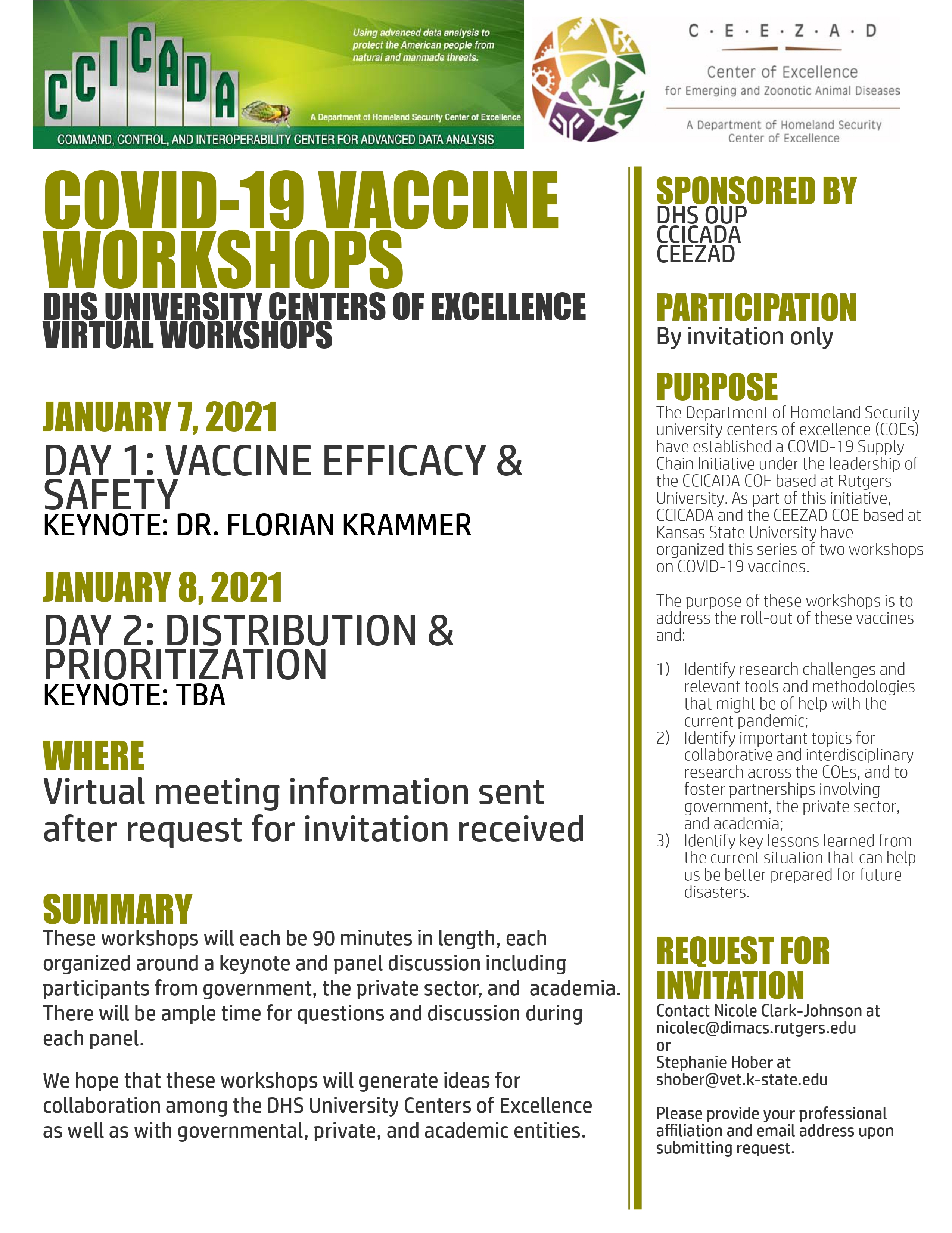Flyer for the CCICADA COVID-19 vaccine workshops