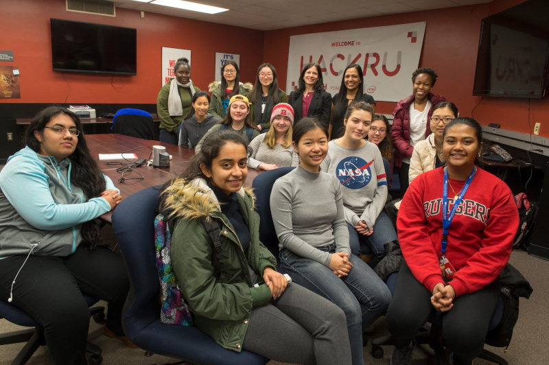 Professor Rebecca Wright and DIMACS Director Cynthia Gomez pose with Douglass Living Learning Students at the Hill Center HackerSpace